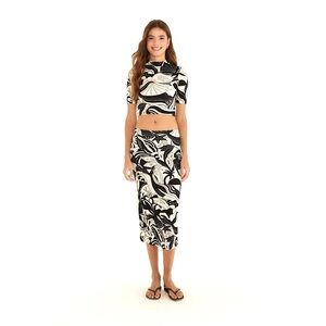 FARM Rio Brazil Black and Cream Cropped Top and Midi Skirt Set Size M (Medium)